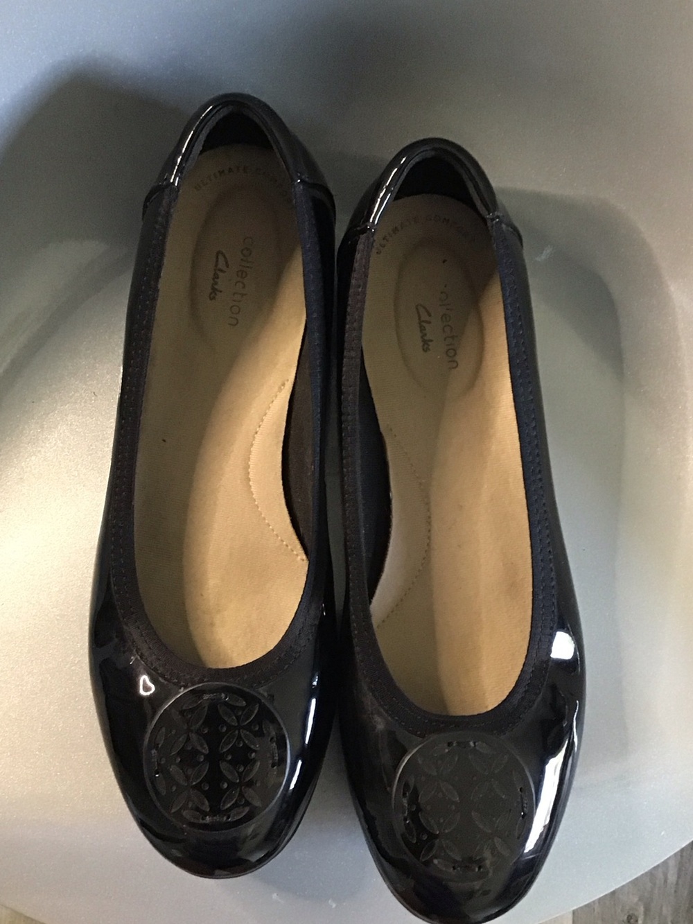 Clarks Black Patent Round-Toe Ballet Flats with Decorative Medallion - Picture 8 of 8